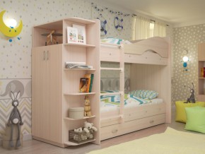 Кровать 2-х ярусная Мая с ящиками и шкафом на латофлексах млечный дуб в Коркино - korkino.magazinmebel.ru | фото