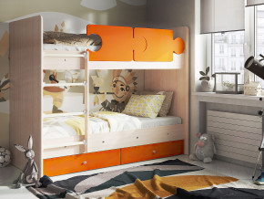 Кровать двухъярусная Тетрис латы с бортиками дуб млечный-оранжевый в Коркино - korkino.magazinmebel.ru | фото